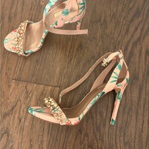 Guess Pink and Green Floral Heels with Gold Details